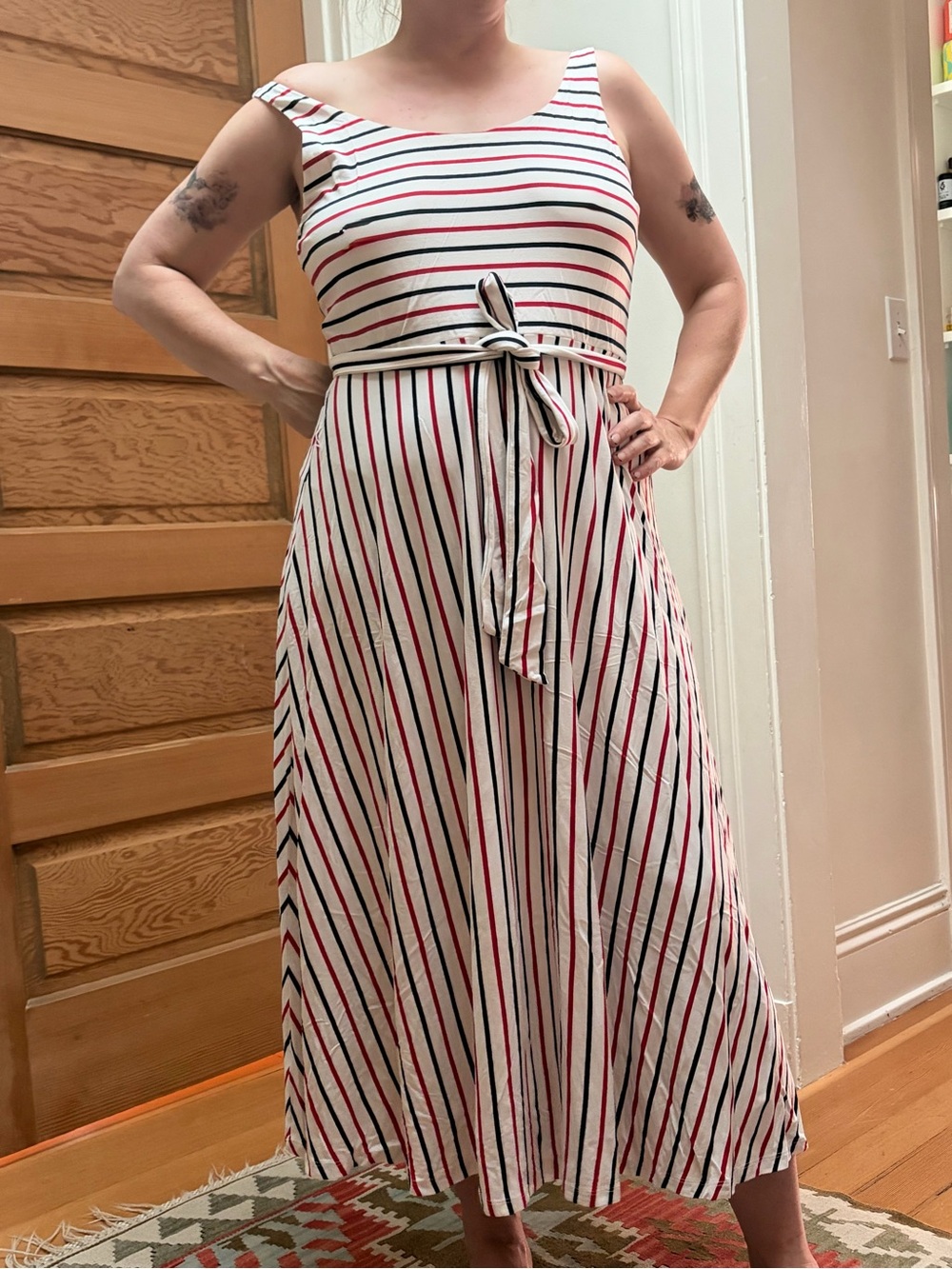 Striped Red and Black Belted Midi Dress - Women NWT Loft beand